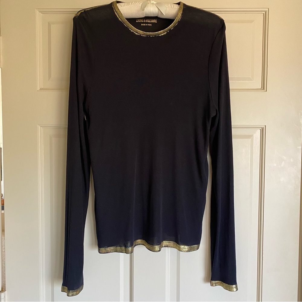 Zadig & Voltaire Willy Gold Foil T shirt in Navy